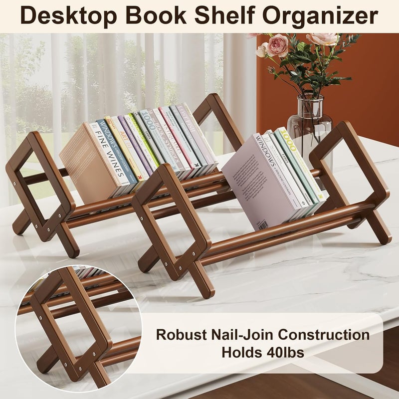 Aofure Premium Desktop Bookshelf, Bamboo Desk Bookshelf, Retro Brown Book Rack Shelf Organizer, Stable Bookshelves Storage, Tabletop Large Magazine Holder Racks for Magazines, Books, Files - Image 3